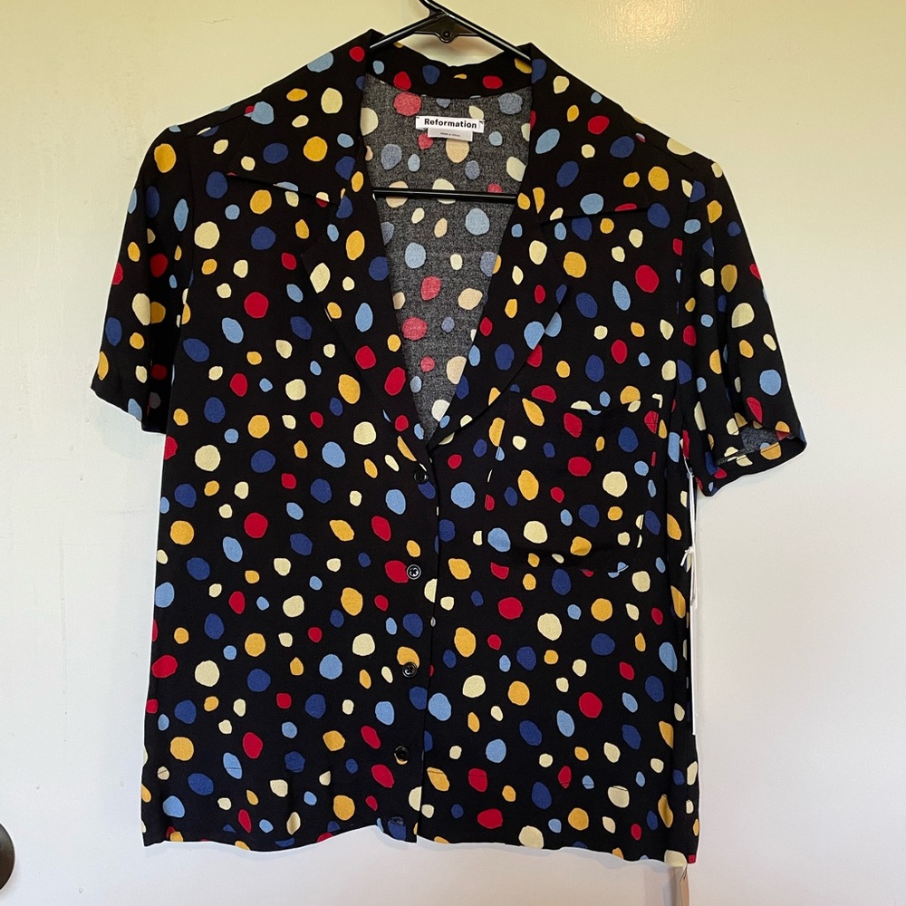 Reformation Cuba Button Down Blouse (Black with multi colored dots)